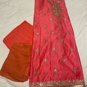 Elegant Coral Embroidered Unstitched Indian Pant Suit